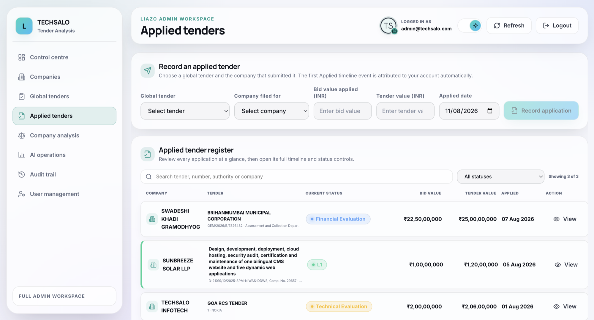 Applied tender register
